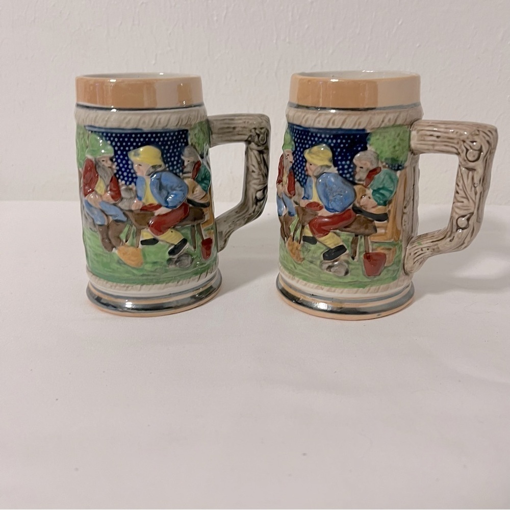(2) Vintage German Beer Steins Made Japan Tree Handle German Artwork Excellent